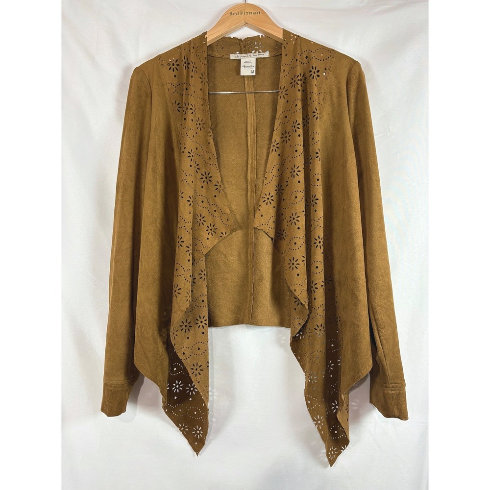 American Rag Cie Womens Faux Suede Laser Cut Eyelet Open Front Cardigan Tan M